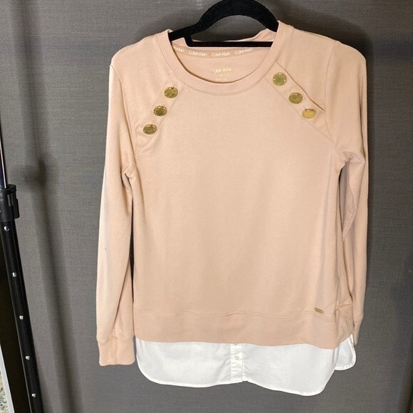 Calvin Klein Pink Sweater With Gold Buttons White Button Down Hem sz XS - Picture 3 of 7